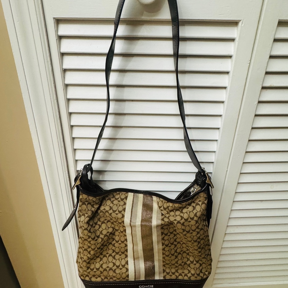 Coach Tan and Black Signature Shoulder Bag